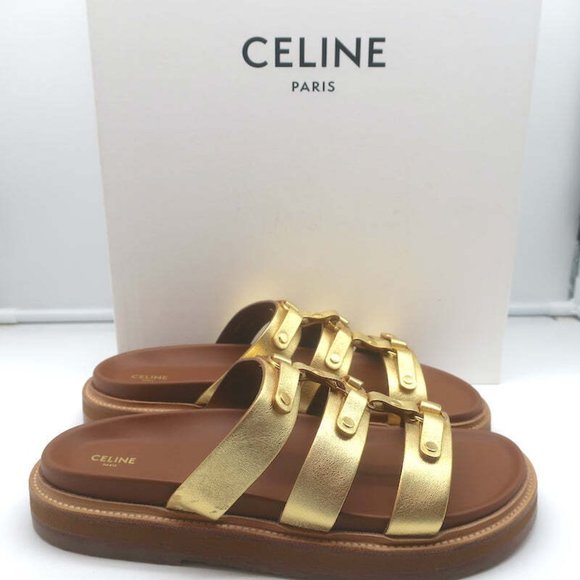 Celine Tippi Triomphe Slide Sandals Gold Metallic Leather Size 40 NEW - Picture 1 of 12